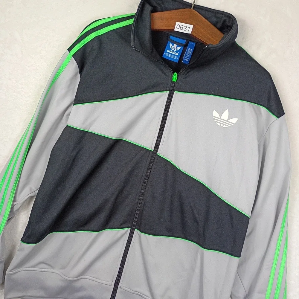Adidas Track Jacket Mens XL Grey Black Neon Green Colorblock Trefoil Gorpcore